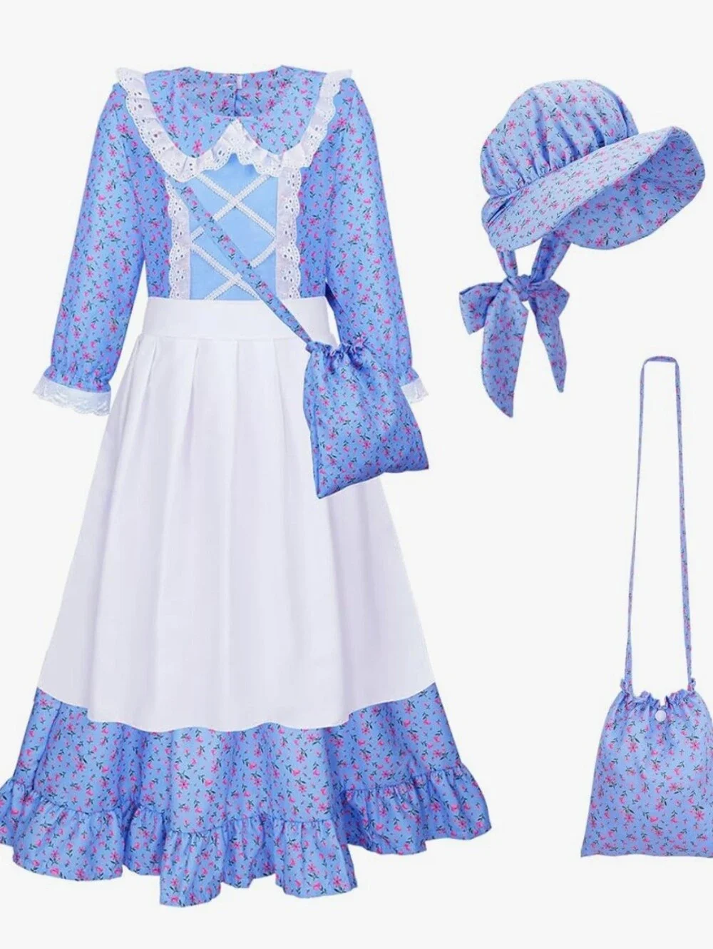 Classic Blue Prairie/ Pioneer Girl Costume with Apron and Bonnet 8-10 Year Olds